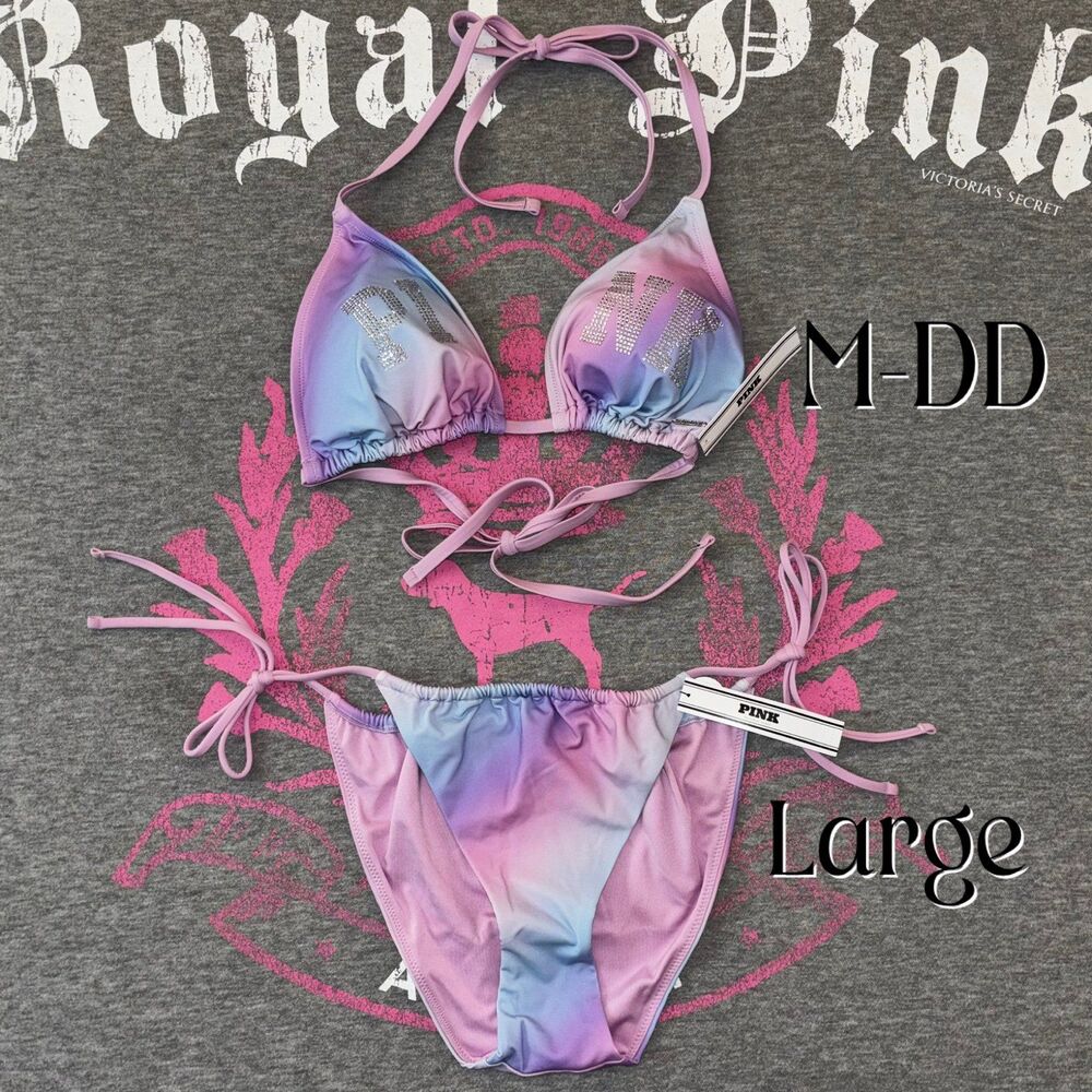 Victorias Secret PINK String Bikini Set Rainbow Ombre Cotton Candy Bling M-DD